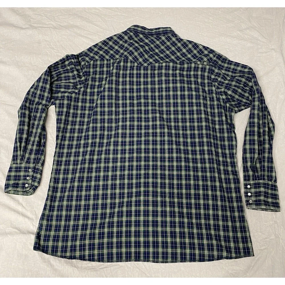 Wrangler Pearl Snap Western Shirt Mens 2XT Tall Blue Green Plaid Cowboy Big&Tall